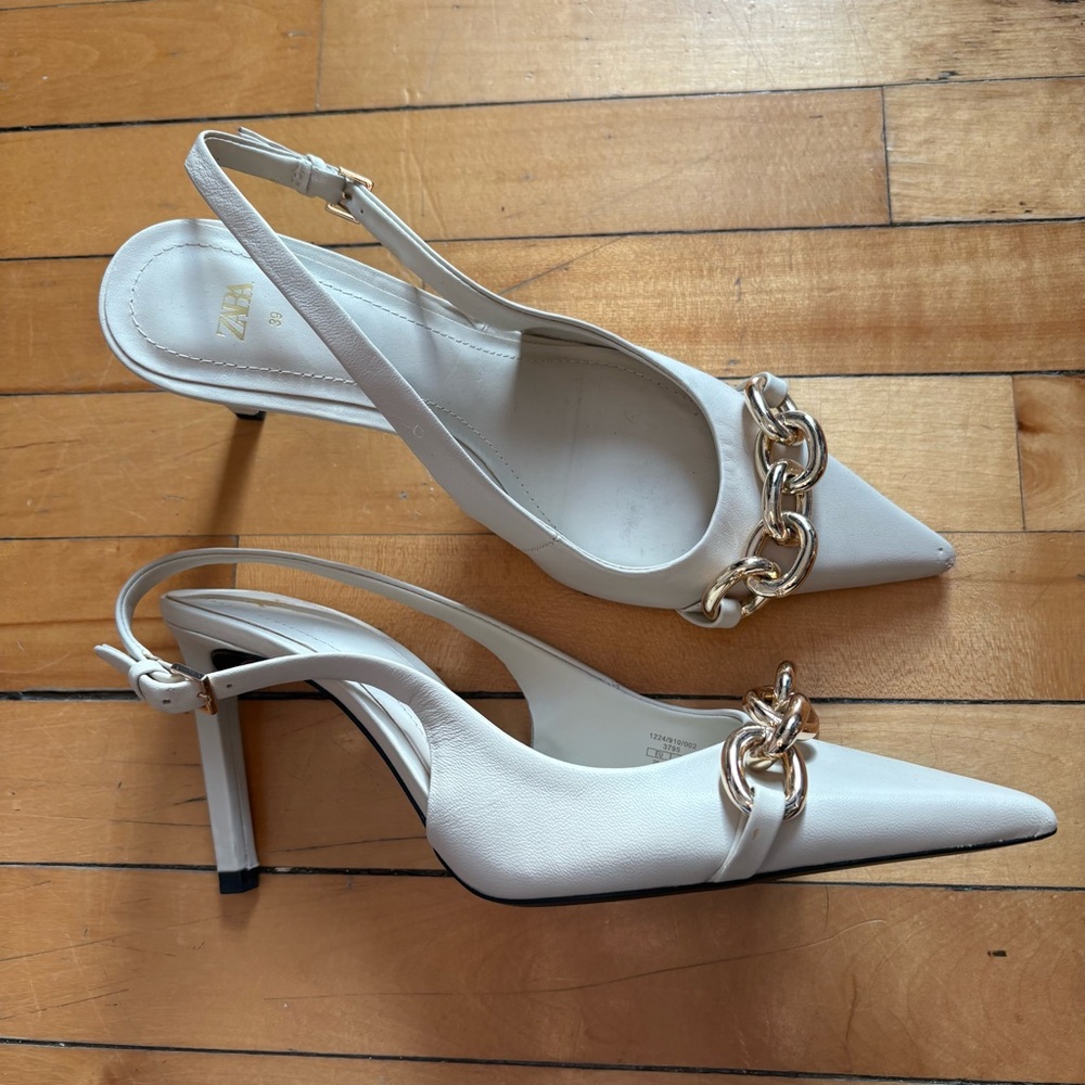 Zara Sz 8.5 (39) Cream Gold Chain Pointy Toes Leather High Heels Pump - Picture 3 of 12